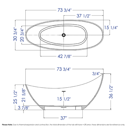 ALFI brand AB9951 73" White Solid Surface Smooth Resin Soaking Slipper Bathtub