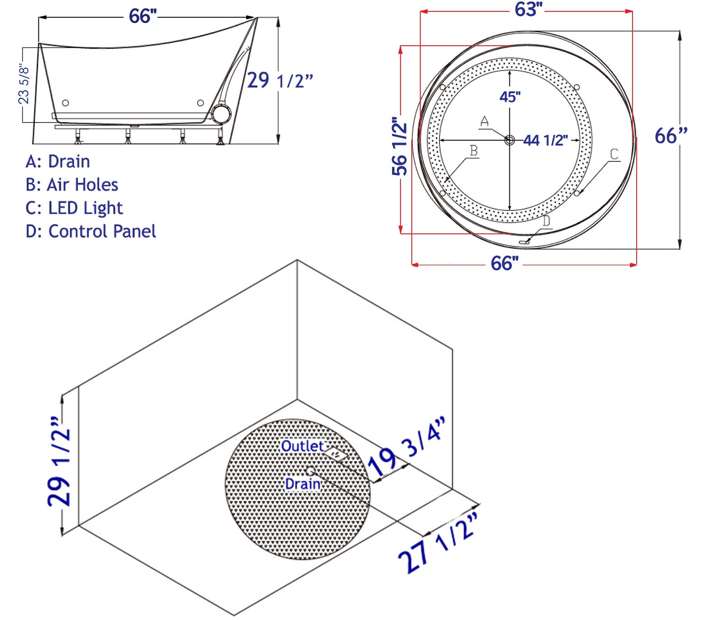 EAGO AM2130  66" Round Free Standing Acrylic Air Bubble Bathtub