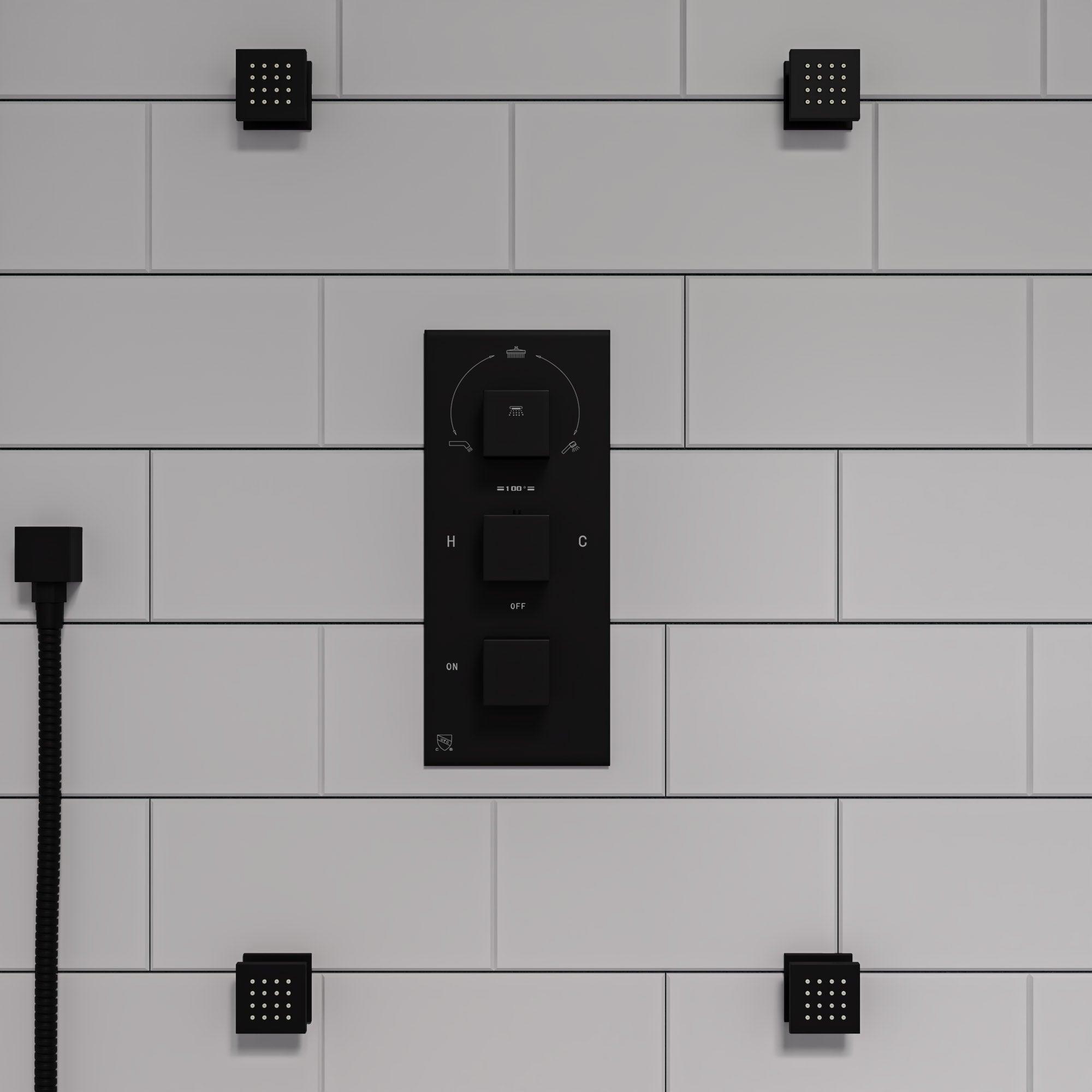 ALFI brand AB2801-BM Black Matte 3-Way Thermostatic Valve Shower Mixer Square Knobs