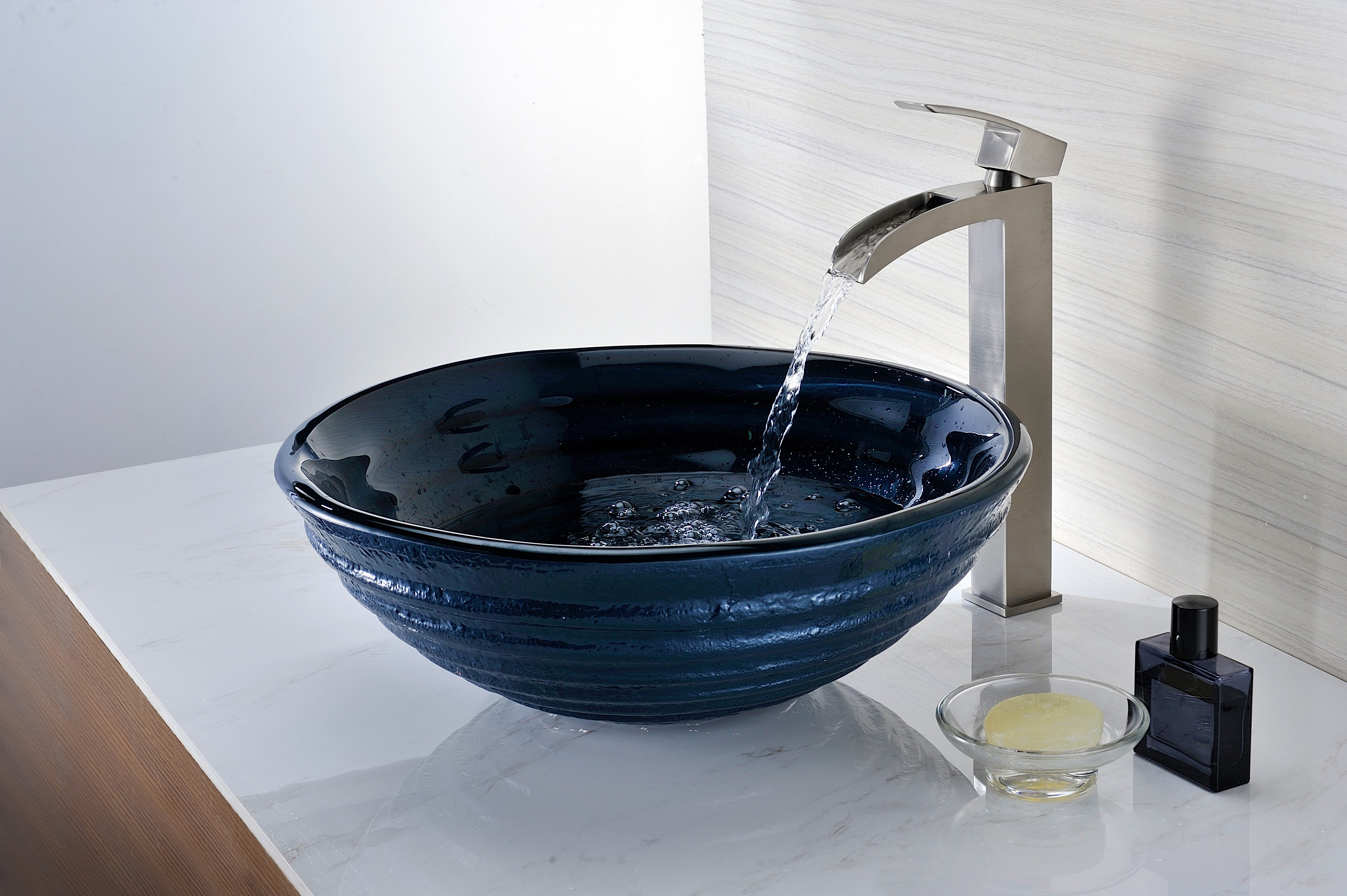 Tempo Series Deco-Glass Vessel Sink in Coiled Blue