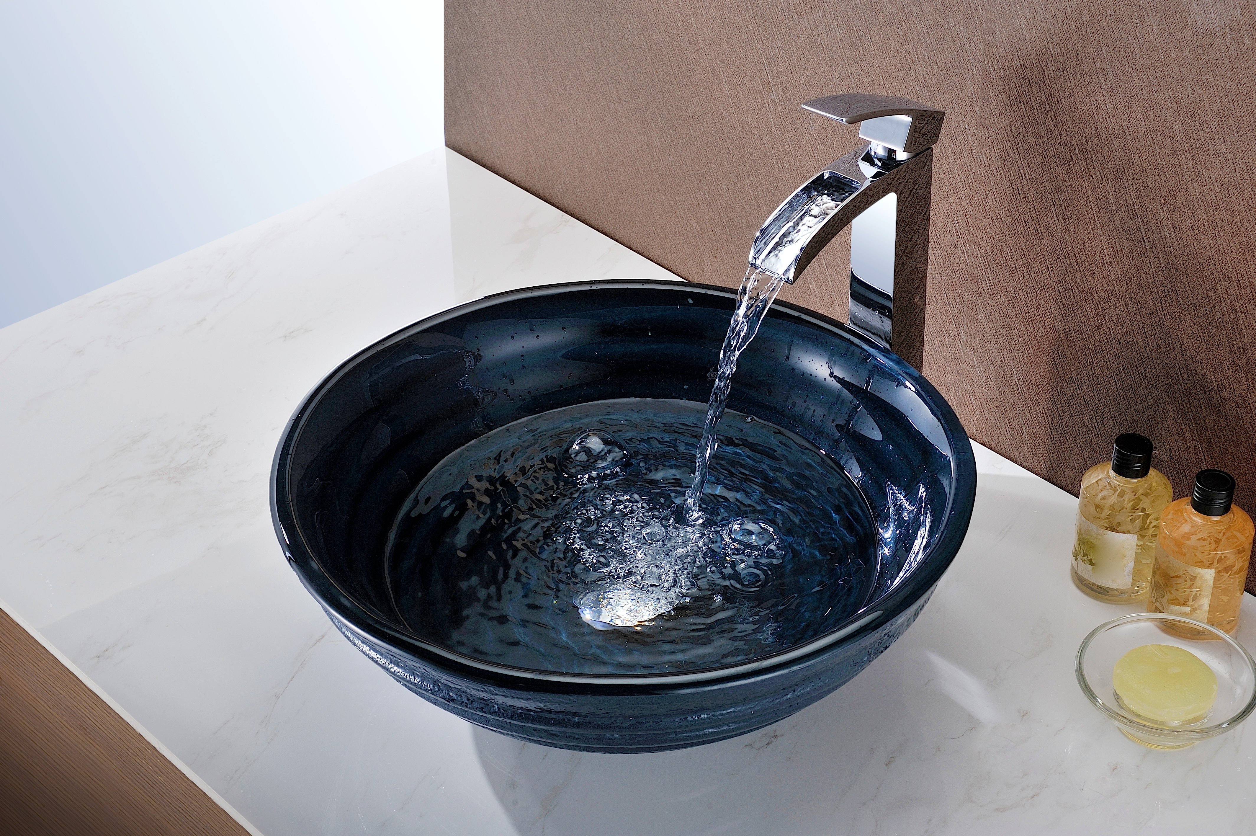 Rongomae Series Deco-Glass Vessel Sink in Coiled Blue