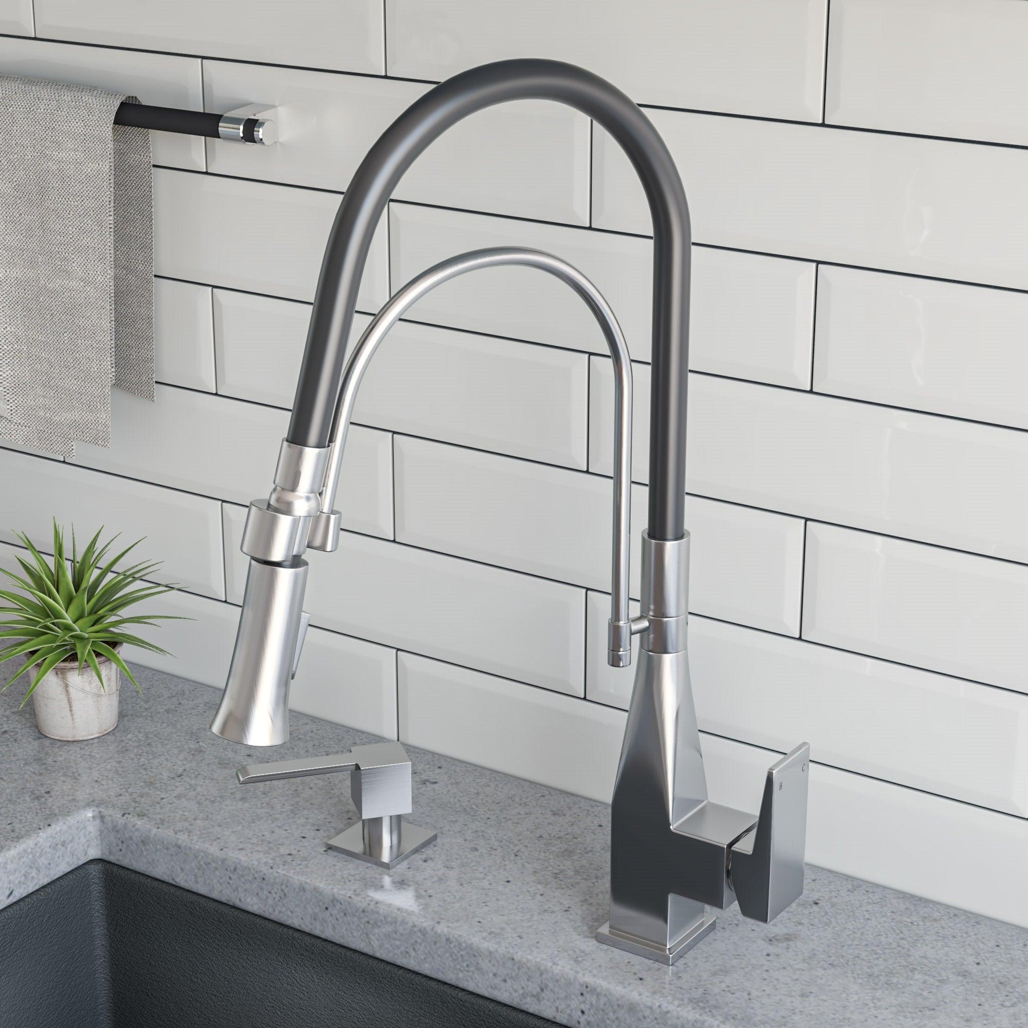 ALFI brand ABKF3023-BN Brushed Nickel Square Kitchen Faucet with Black Rubber Stem