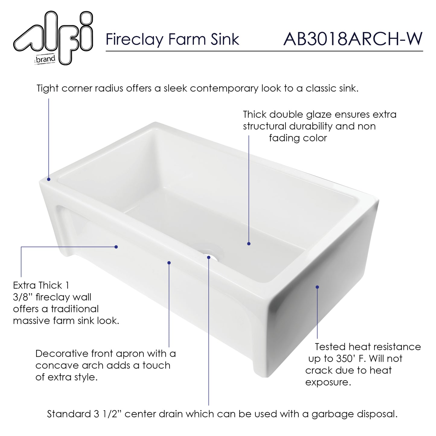 ALFI brand AB3018ARCH-W  30" White Arched Apron Thick Wall Fireclay Single Bowl Farm Sink