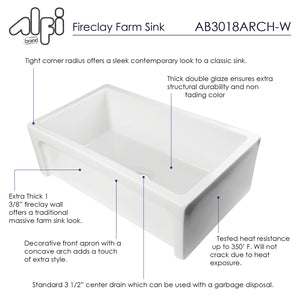 ALFI brand AB3018ARCH-W  30" White Arched Apron Thick Wall Fireclay Single Bowl Farm Sink