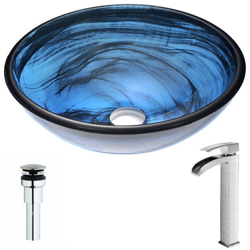 Soave Series Deco-Glass Vessel Sink in Sapphire Wisp with Key Faucet