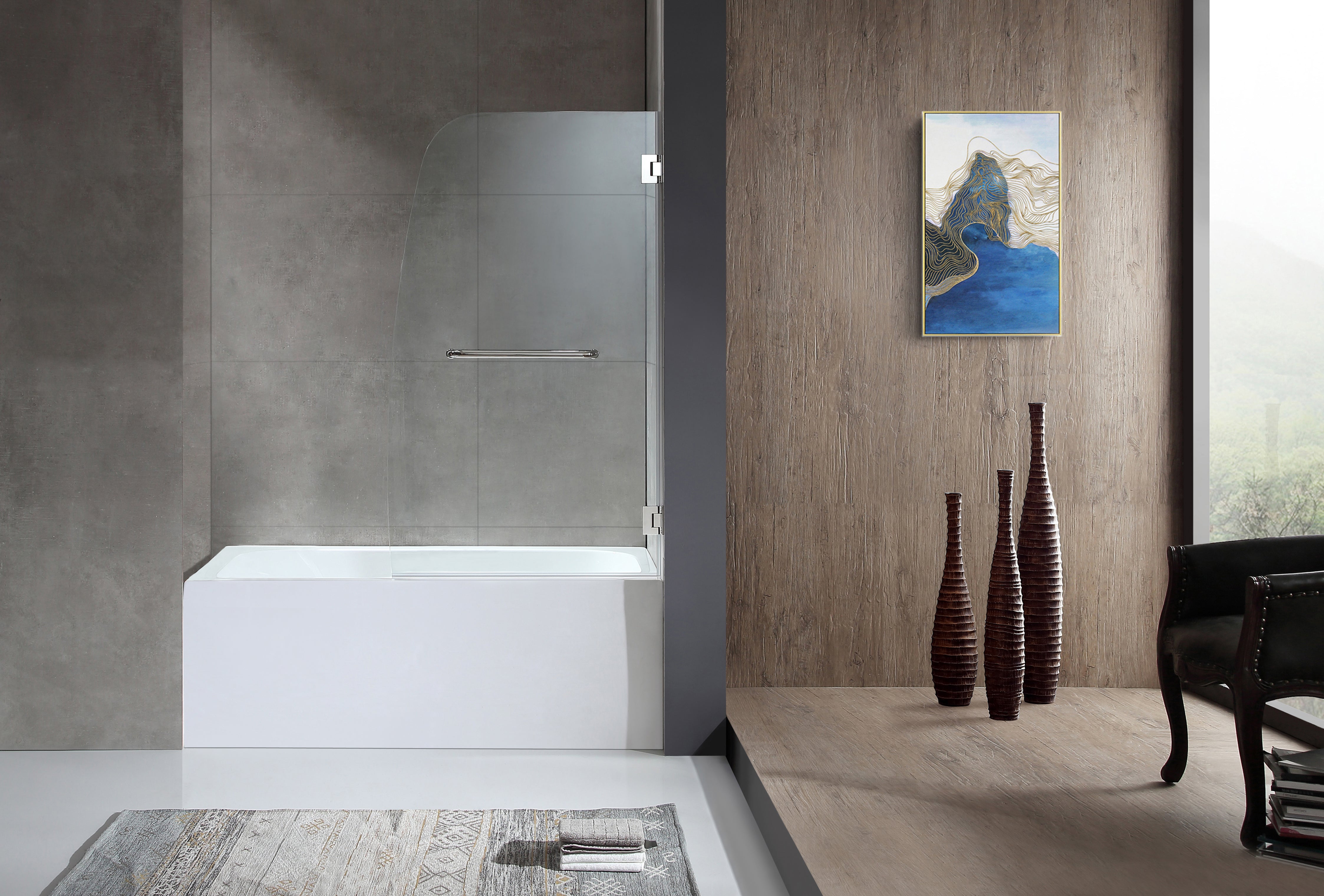 Anzzi 5 ft. Acrylic Rectangle Tub in White With 34 in. by 58 in. Frameless Hinged Tub Door