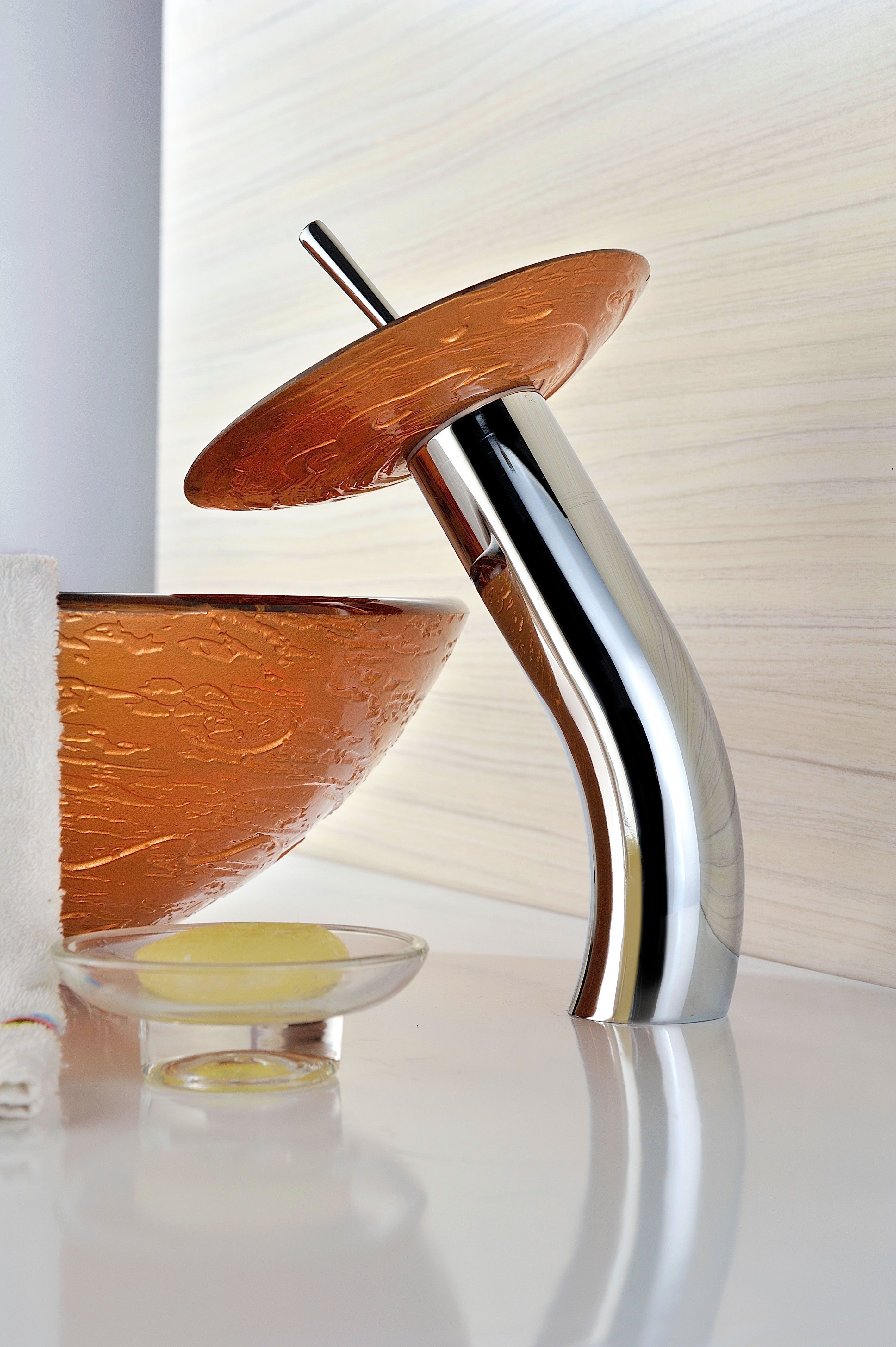 Stanza Series Vessel Sink in Brown with Pop-Up Drain and Matching Faucet in Lustrous Brown