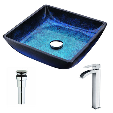 Viace Series Deco-Glass Vessel Sink in Blazing Blue with Key Faucet