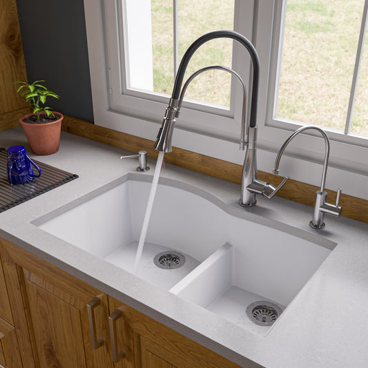 ALFI brand AB3320UM-W White 33" Double Bowl Undermount Granite Composite Kitchen Sink